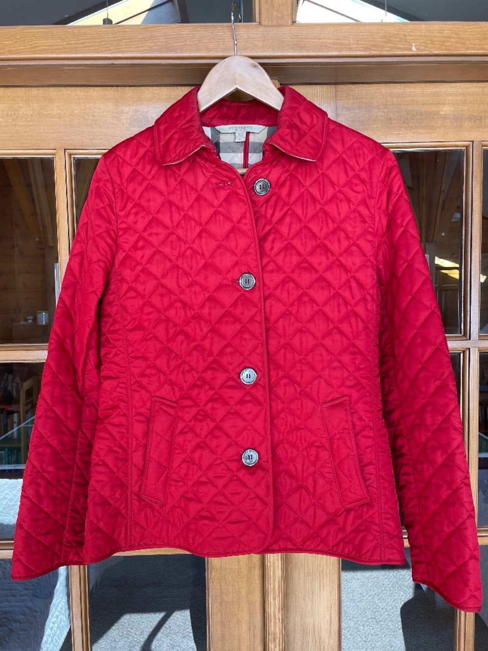Burberry Red Quilted Barn Jacket Medium Nova Check Lined Classic